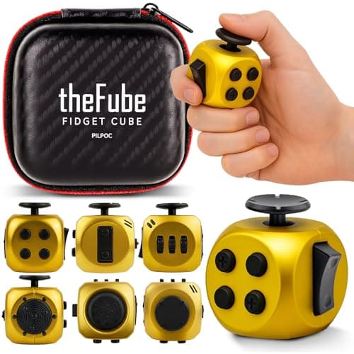 PILPOC theFube Fidget Cube 6Sided Stress Relief Infinity Cube for Adults Kids Boosts Concentration Mindfulness Aid Silent Audible Modes Includes Carry Case for Portability Midnight Aurum