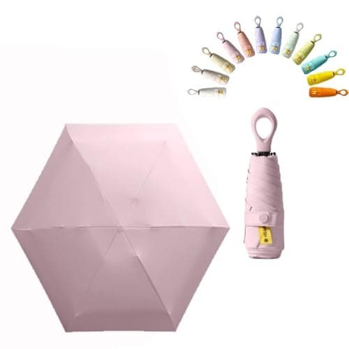 Mini Sun Travel Umbrella Ring handle Coating Layer Fabric Compact Folding Purse Umbrella, Lightweight Small Portable Backpack, Rain Sun, Blocking, Anti UPF 50 UV Protection 99.9% Men Women Kids (Pink)