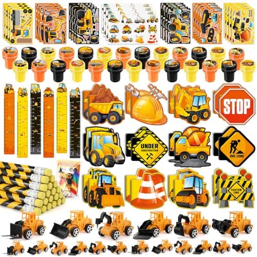 BenLouis 192Pcs Construction Party Favors Excavator Tractor Theme School Stationery Set Bulk for Kids Construction Birthday Party Goodie Bag Stuffers Classroom Gifts Rewards Pinata Filler