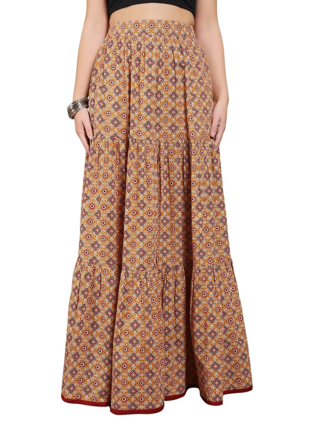 FIORRA Women's Mustard Yellow Printed Cotton Flared Skirt BTM033