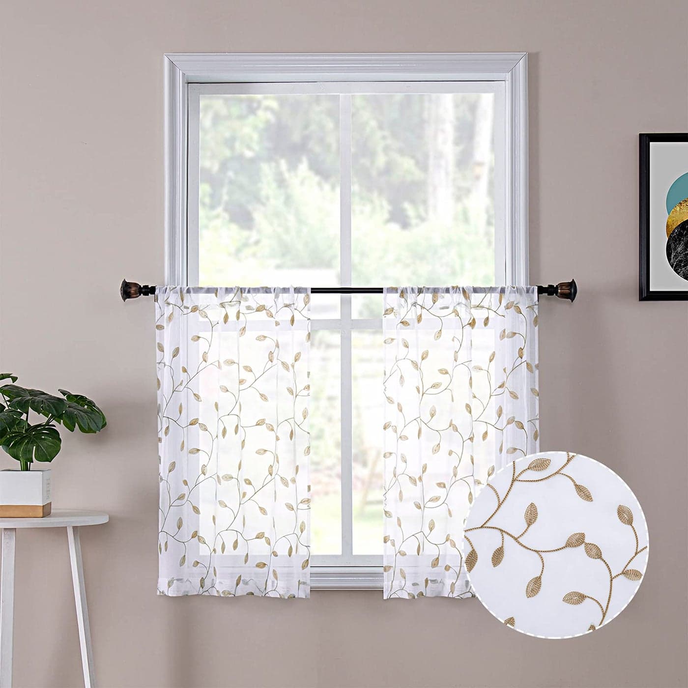 Tollpiz Leaves Sheer Tier Curtain Taupe Leaf Embroidery Kitchen Half Curtains Rod Pocket Voile Faux Linen Embroidered Leaves Curtain for Bathroom 30 x 36 inches Long Set of 2 Panels