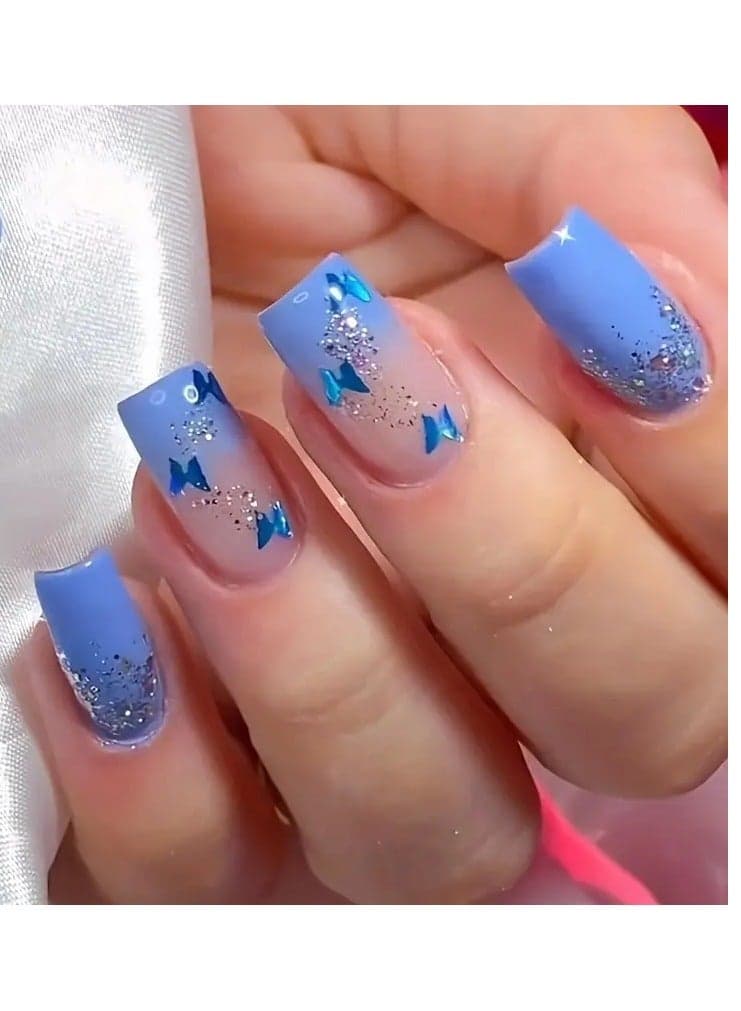 24pcs Gradient Nails, Blue Butterfly Press On Nails With Silver Glitter Design, Glossy Full Cover Medium Square Cute False Nails For Women Daily Wear