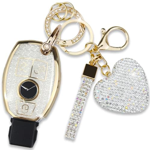 Simocky Key Fob Cover with Diamond Keychain for Mercedes Benz Car Key Shell Compatible with Mercedes Benz C E M S CLS CLA GLK GLA GLC GLE AMG Class Remote Key for Women (3 Buttons-Gold Heart)