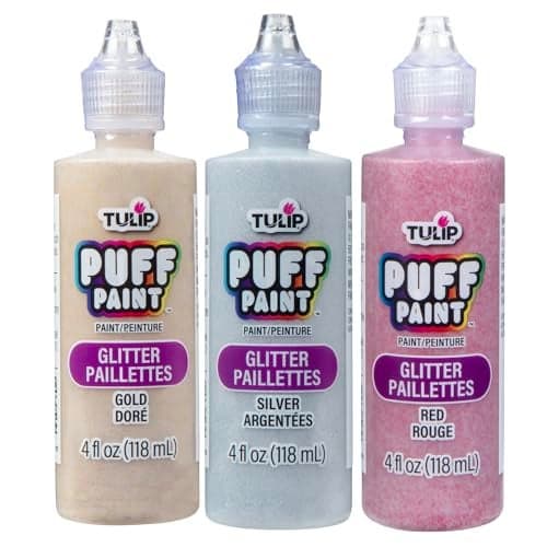 Tulip Puff Fabric Paint, Permanent Craft Paint for Clothes, DIY Projects, Notoxic, 4 fl oz 3-Pack, Festive Glitter Variety Pack - Gold, Silver, Red