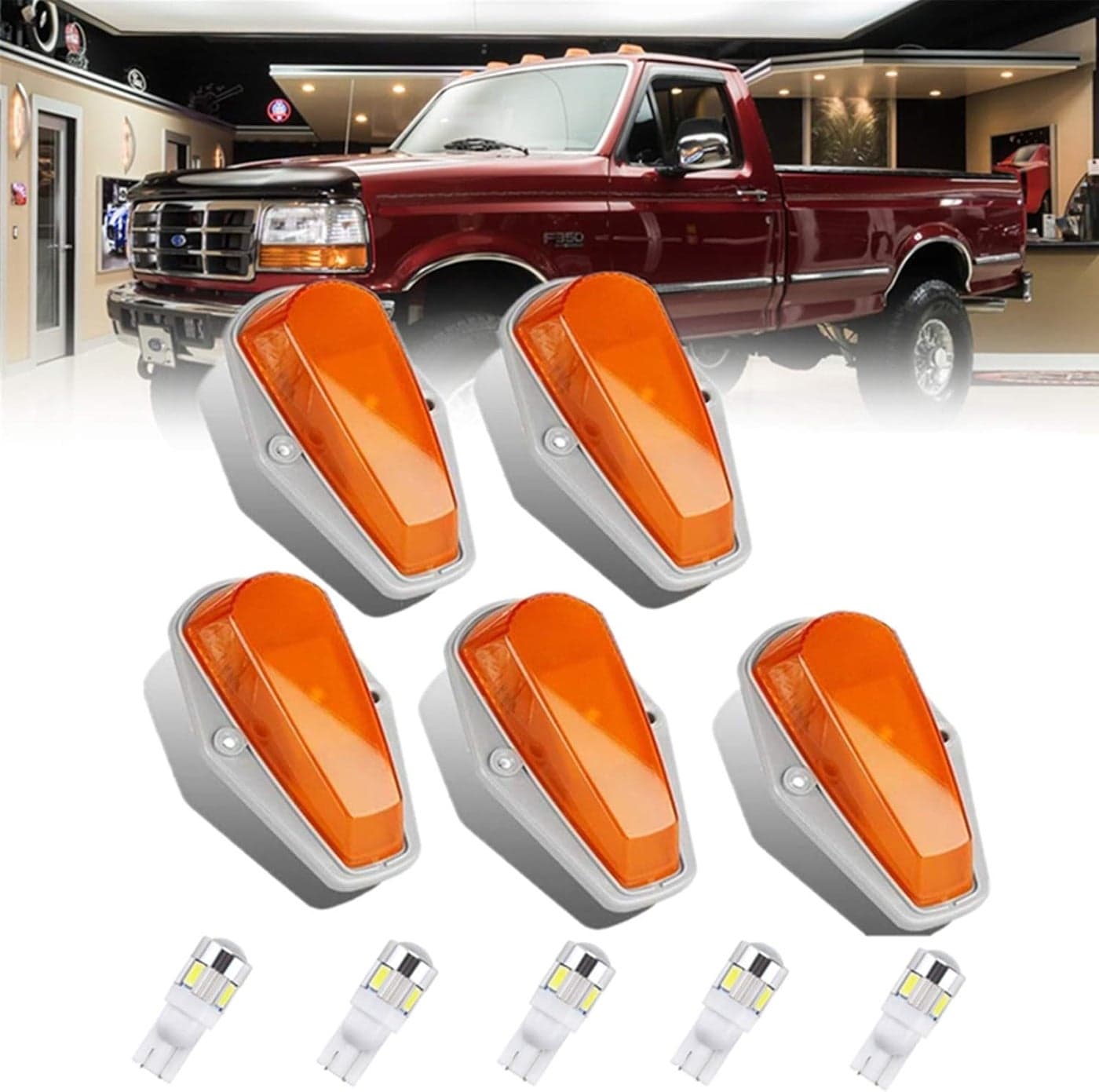 KOMAS 5pcs Amber Cab Marker Roof Running Light with T10 White LED Bulbs for Ford F-Series Trucks (1973-1997)