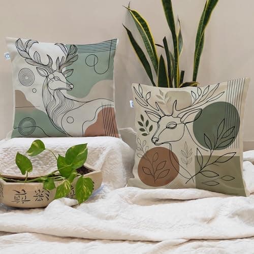 STITCHNEST Set of 2 Polycotton Cushion Covers – 24x24 Inches – Abstract Deer Line Art in Earthy Tones – Modern Nature-Inspired Cushion Covers for Sofa & Home Decor