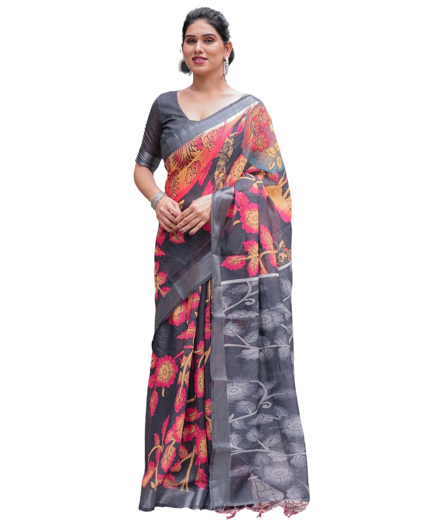 ALMAARI FASHION Women's Floral Printed Handloom Cotton Silk Saree with Zari Border and Tassel Pallu Unstitched Blouse Piece | Traditional Ethnic Wear Sarees | Saree blouse for women | Cocktail Sarees