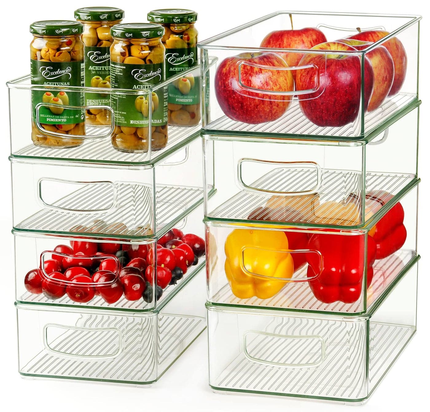 Hudgan Set Of 8 Fridge Organizer Bins Stackable Plastic Organizer Bins for Fridge Pantry 4 Large and 4 Small Refrigerator Organizers and Storage Food Safe BPA Free
