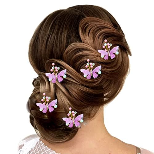 Hair Flare Butterfly with Shiny Pearl Hair Pin/Bridal Wedding Hair Accessories/Hairpins/Juda Pins for Women and Girls- Baby Pink, 2259, Pack of 5