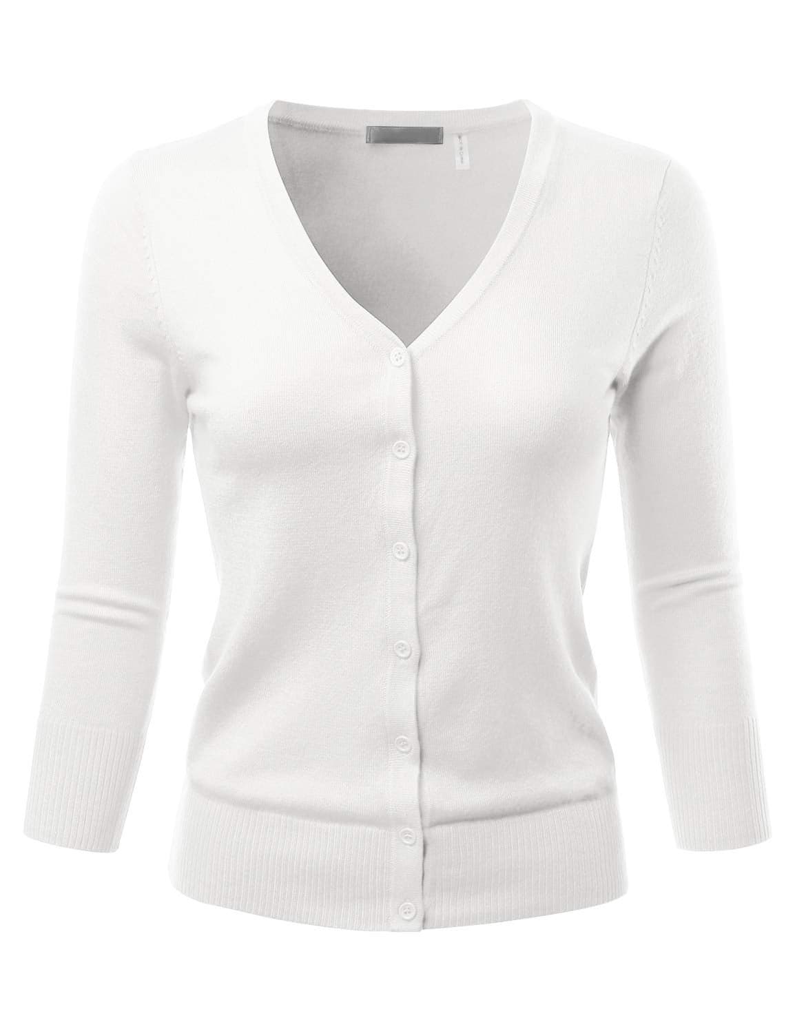 EIMIN Women's 3/4 Sleeve V-Neck Button Down Stretch Knit Cardigan Sweater White L