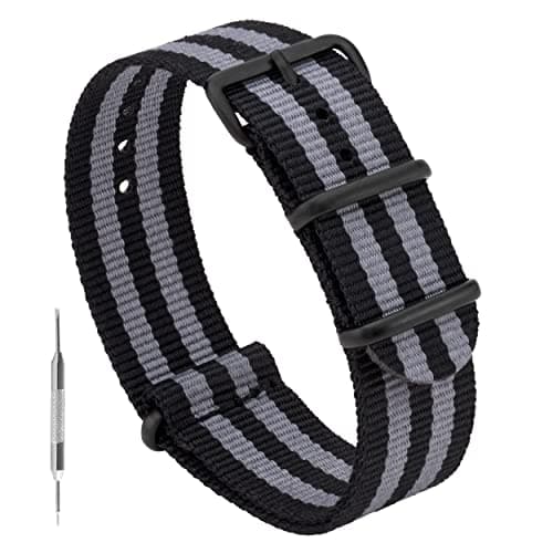 Benchmark Basics Nylon Watch Band - Waterproof Ballistic Nylon One-Piece Military Watch Straps for Men & Women (22mm, Black/Grey Bond Striped PVD)