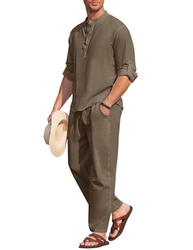 COOFANDY Mens 2 Pieces Cotton Linen Set Long Sleeve Henley Shirts Casual Beach Pants With Pockets Summer Yoga Outfits
