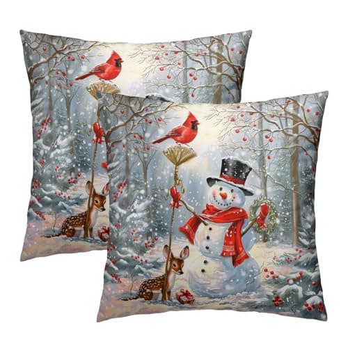 Giwawa Winter Snowman Throw Pillow Covers 18x18 Inch Set of 2 Red Bird Berry Cushion Cover Seasonal Pillow Case for Sofa Couch Bedroom Decoration
