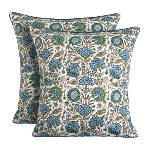Ridhi Block Print Pillow Cover Asparagus Green Cotton Throw Case Decorative for Couch Pillows Living Room, Chic Boho Cute Thanksgiving Christmas, Fall Gifts 16 x16 Inches
