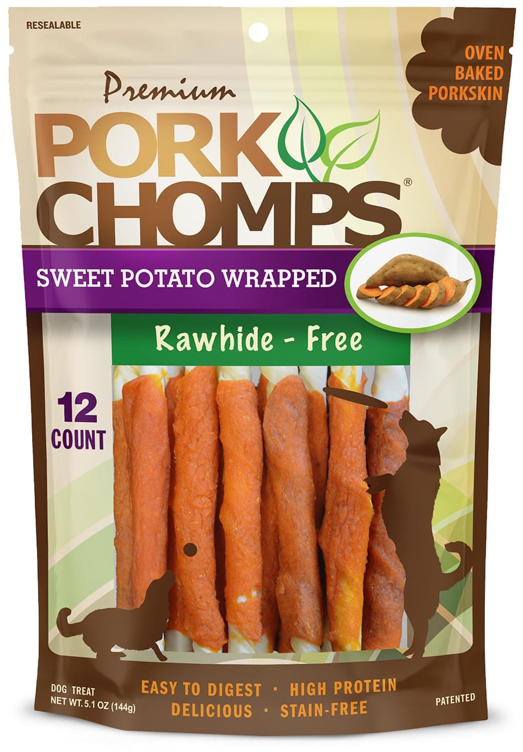 Pork Chomps Baked Pork Skin Dog Chews, 5 Inch Mini Twists, 12 Count - Sweet Potato Wrap - Long-Lasting Treats for Dogs - High Protein, Rawhide-Free, Low Fat, Healthy & Delicious Chews