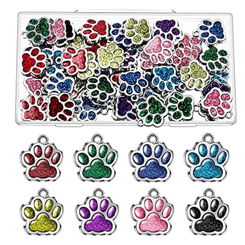 Hicarer 80 Pieces Dog Charms for Jewelry Making Animal Cat Dog Paw Charms Pendants Crystal Beads Glitter Footprint Jewelry Findings DIY Necklace Bracelet, 8 Colors(Glitter Style)