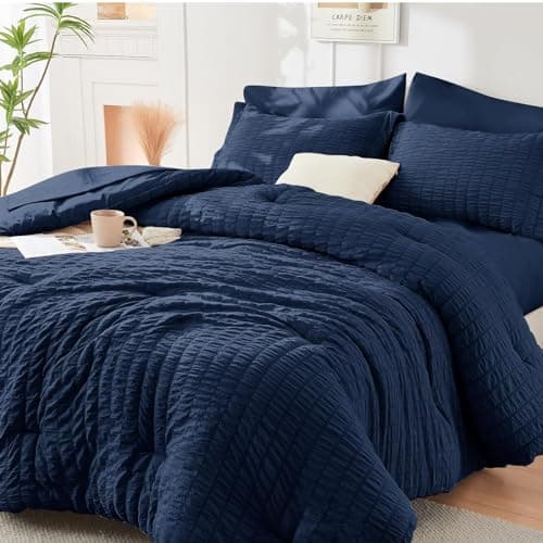 HYMOKEGE Navy Blue Queen Comforter Set Seersucker 7 Pieces All Season Luxury Bed in a Bag for Bedroom Bedding Set with Comforters Sheets Pillowcases Shams