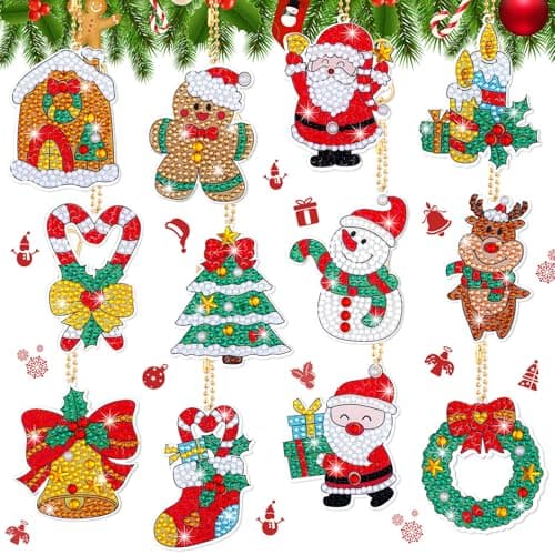 12 Pieces Christmas Diamond Painting Keychain 5D DIY Diamond Painting Kit Christmas Hanging Art Kits Ornaments for Kids Crafts Family Decor