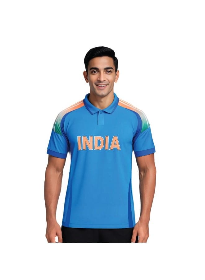 India Sports Men’s T-Shirt – Blue Dry-Fit Cricket Jersey With Short Sleeves And Collared Neck – Ideal Sportswear For Cricket Practice,Team Activities And Daily Wear — L