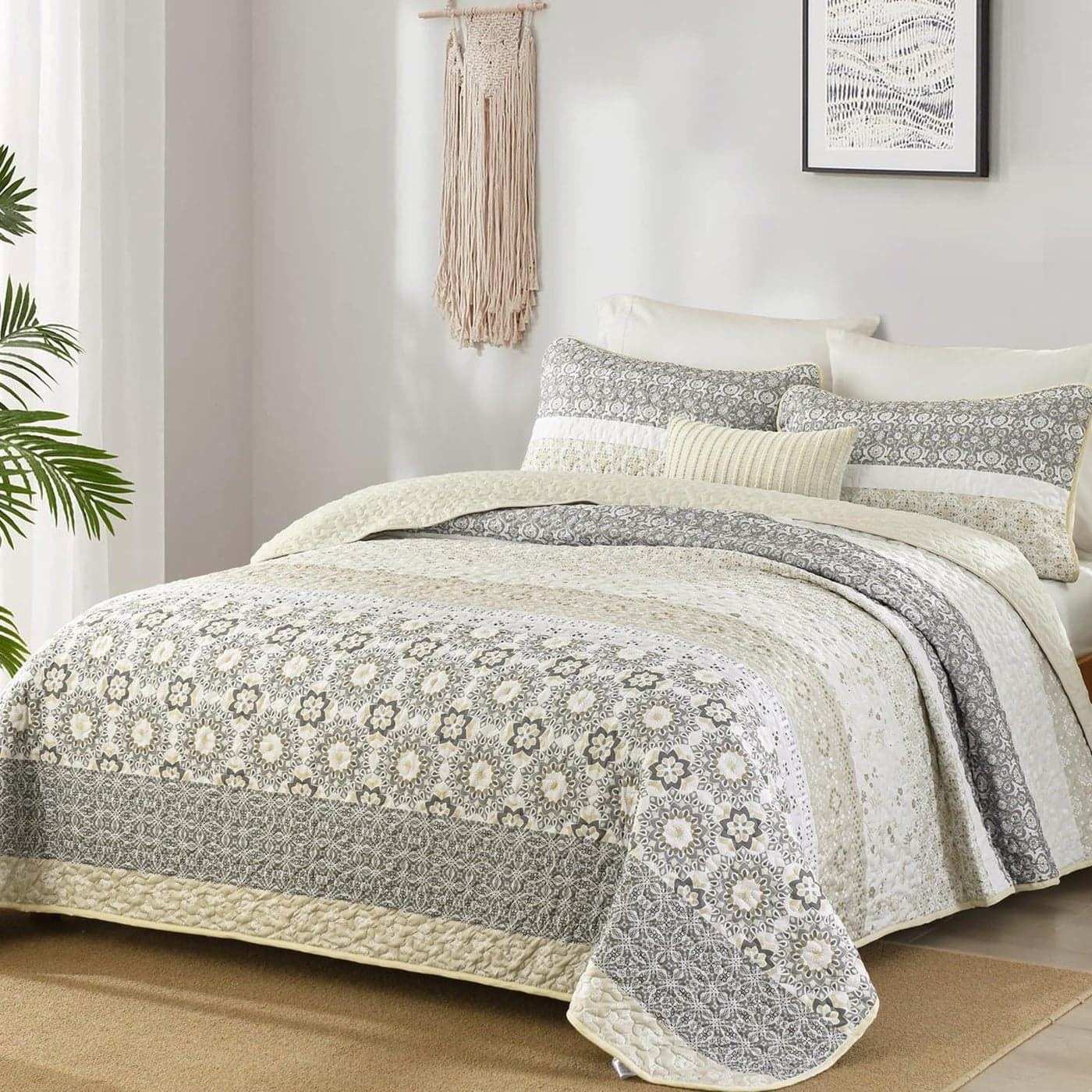 WONGS BEDDING Boho Quilt Set Queen SizeBeige Bohemian Striped Patchwork Bedspread Set3 Pieces Microfiber Bedding Set for All Seasons 96x90