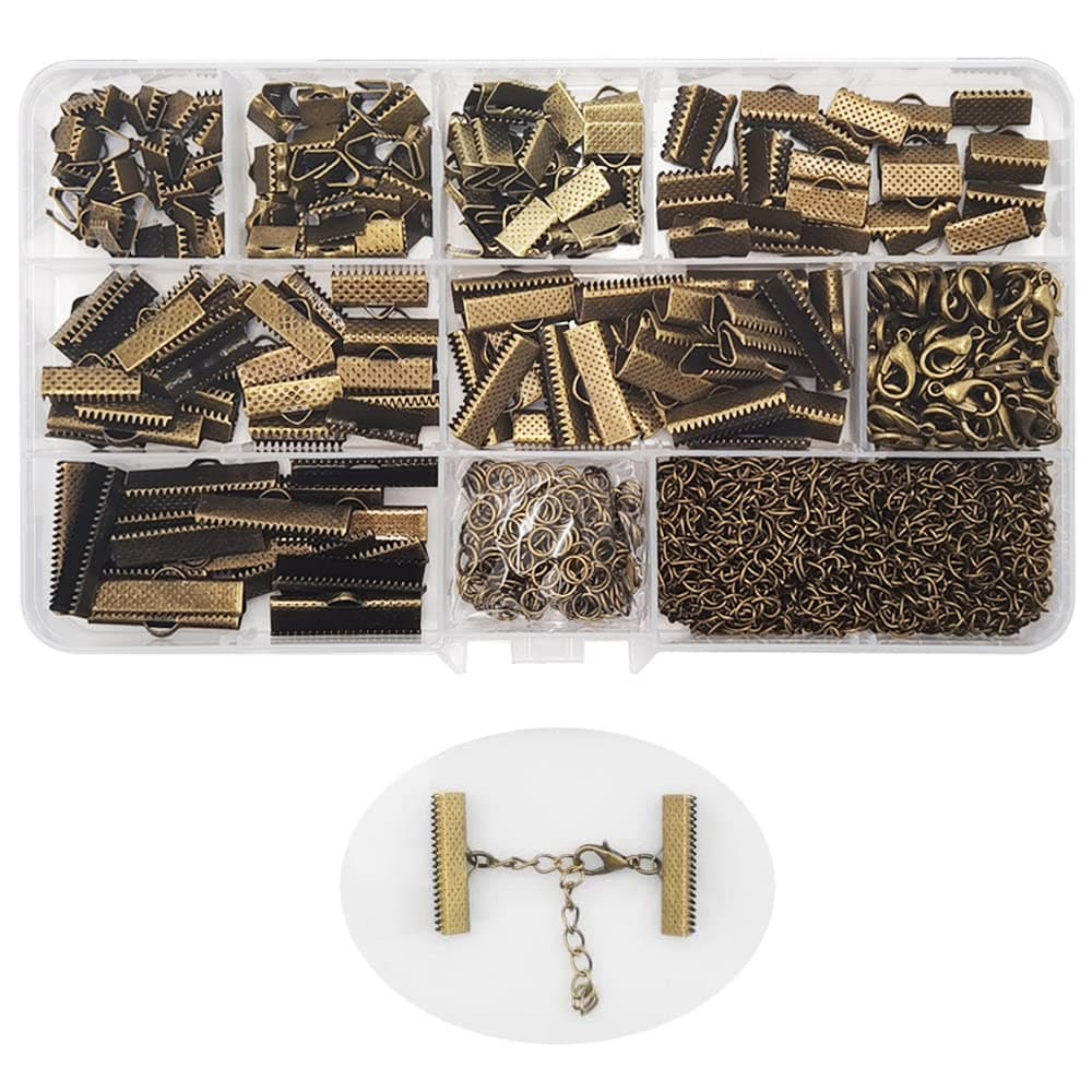 INSPIRELLE 100 Sets Assorted Size Bronze Ends for Ribbon Bracelet Bookmark Making Crimps Kit with Lobster Clasps and Chain Extenders