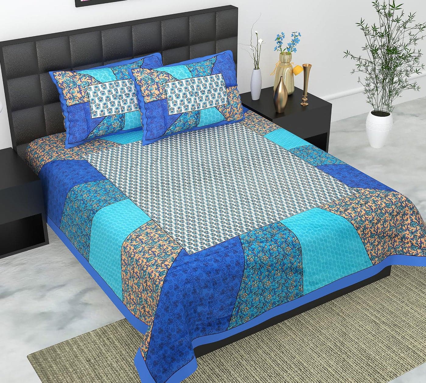 ColorKart 100 Cotton Rajasthani Jaipuri Traditional Floral King Size Double Bed Bedsheet with 2 Pillow Covers Multicolour 96