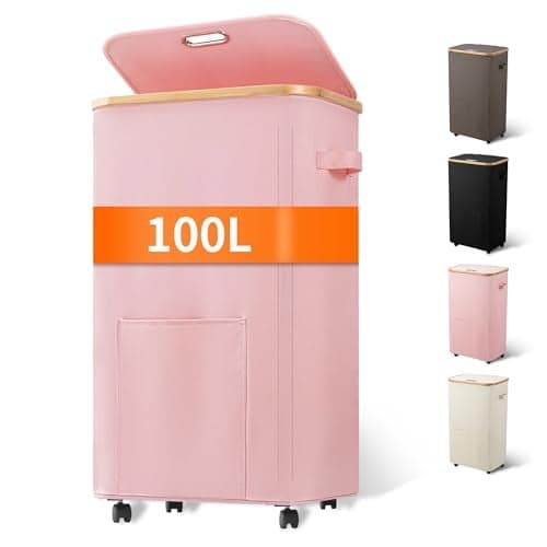 Vincona Laundry Basket with Wheels, Tall Dirty Clothes Hamper on Wheels, Rolling Laundry Hamper with lid for Dorm, Bedroom and Bathroom (Pink, 100L)