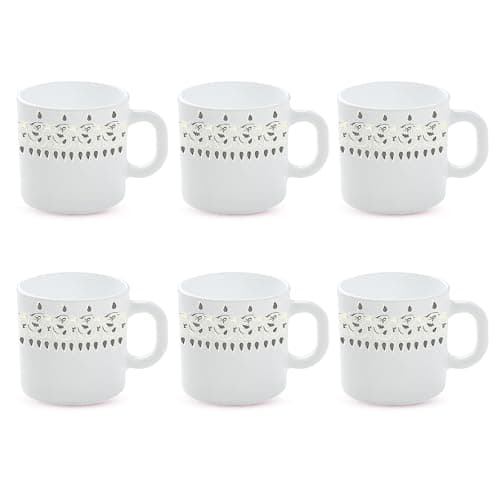 Larah by BOROSIL Ora Gold Opalware Mug, Set of 6 Tea/Coffee Mugs, 180 ml Each, Microwave & Dishwasher Safe, Bone-Ash Free, Crockery Set Ideal for Daily Use & Gifting, White