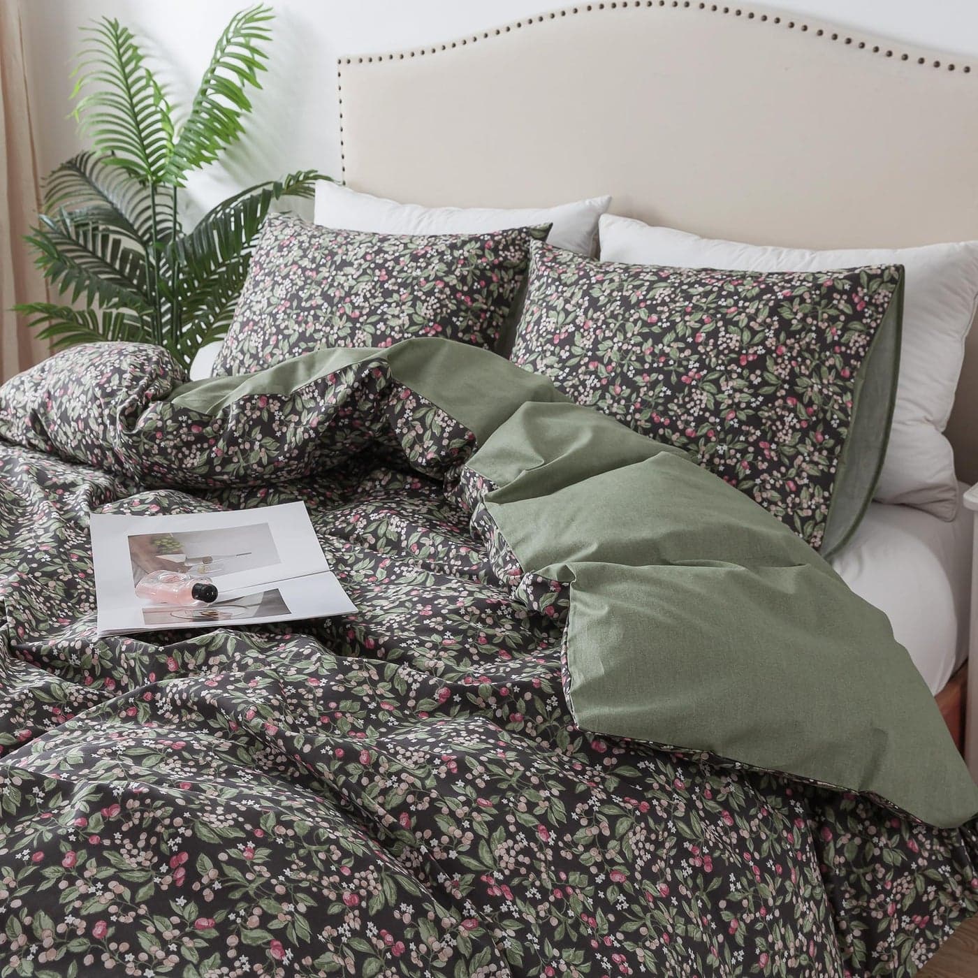 HoneiLife Duvet Cover Queen Size Cotton Comforter Cover Floral Duvet Cover Sets 3PC Soft Bedlinen for Set with Zipper Closure Corner Ties Wildflower Comforter Cover SetsBerry