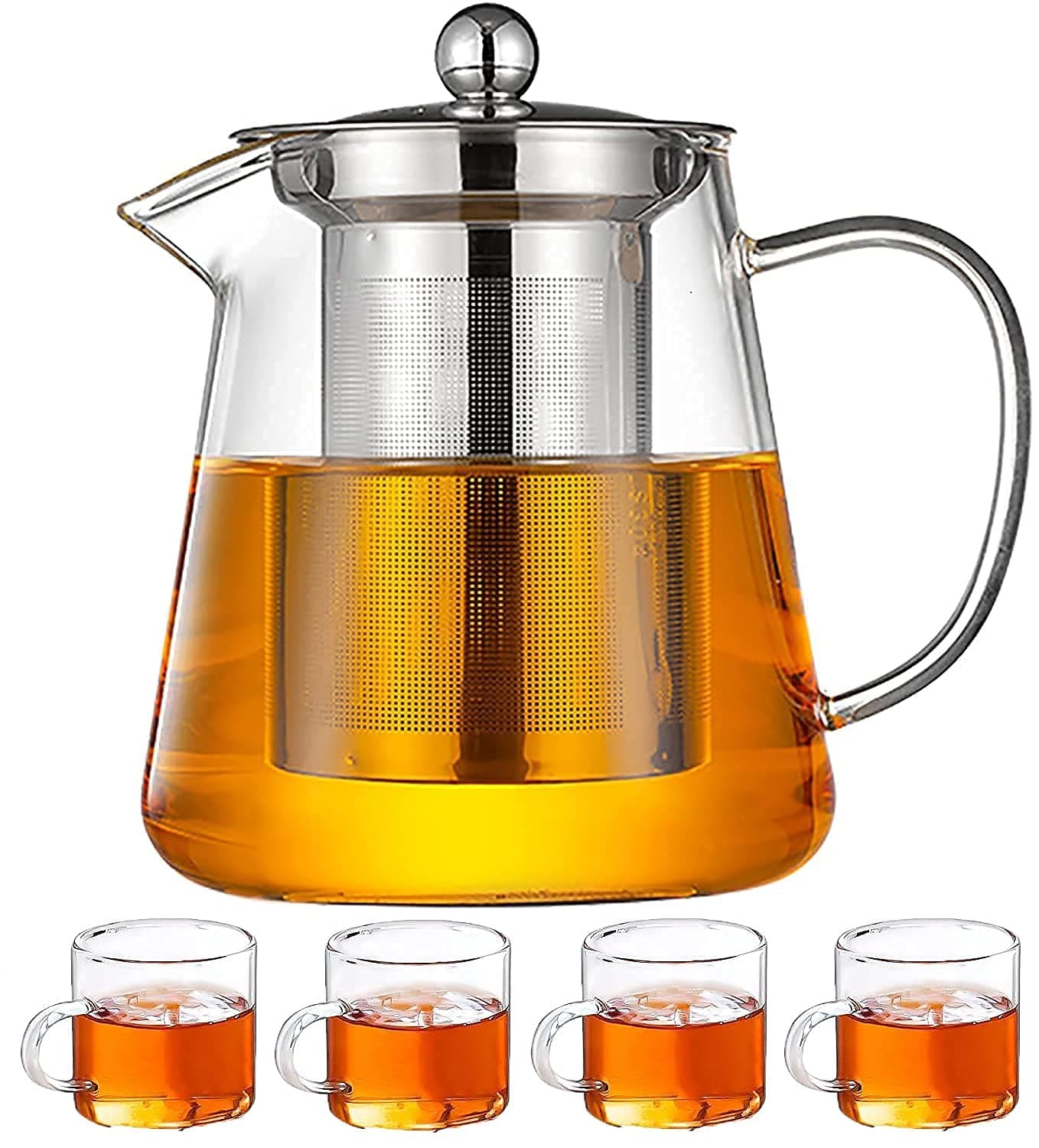 ZROY ENTERPRISE Borosilicate Glass Round Tea Pot with Heat Resistant Stainless Steel Infuser Perfect for Tea and Coffee Maker, Clear Glass Kettle with 4 Cups (950 ML, Round Kettle with Cups)