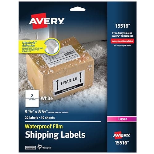 Avery Waterproof Printable Shipping Labels with Sure Feed, 5.5" x 8.5", White, 20 Blank Mailing Labels (15516)