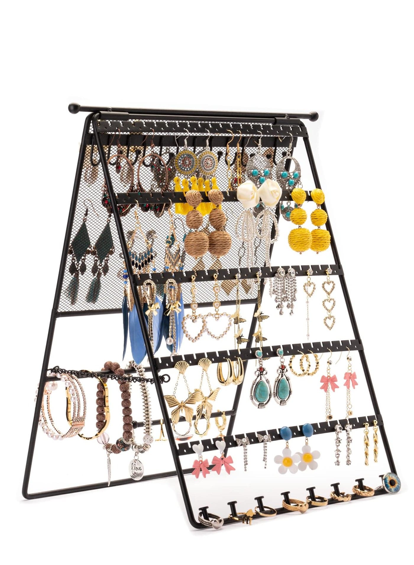 Earring Organizer Holder, 5-Tier Fold Jewelry Tower Necklace Bracelets Stud Earring Watches Stand Display for Girls Women, Double-side Jewelry Storage Earring Necklace Holder Rack