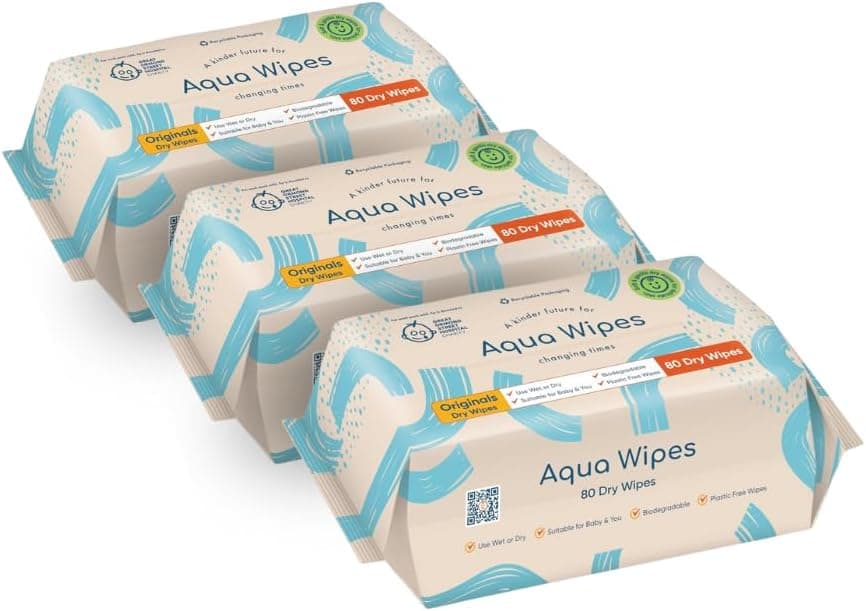 New Dry Face Wipes by Aqua Wipes Biodegradable Plastic Free Wipes Makeup Remover Disposable Towels Textured CottonSoft Dry Face Cloths Kind to Skin Baby 240 Wipes 80 Wipes Pack 3 Packs