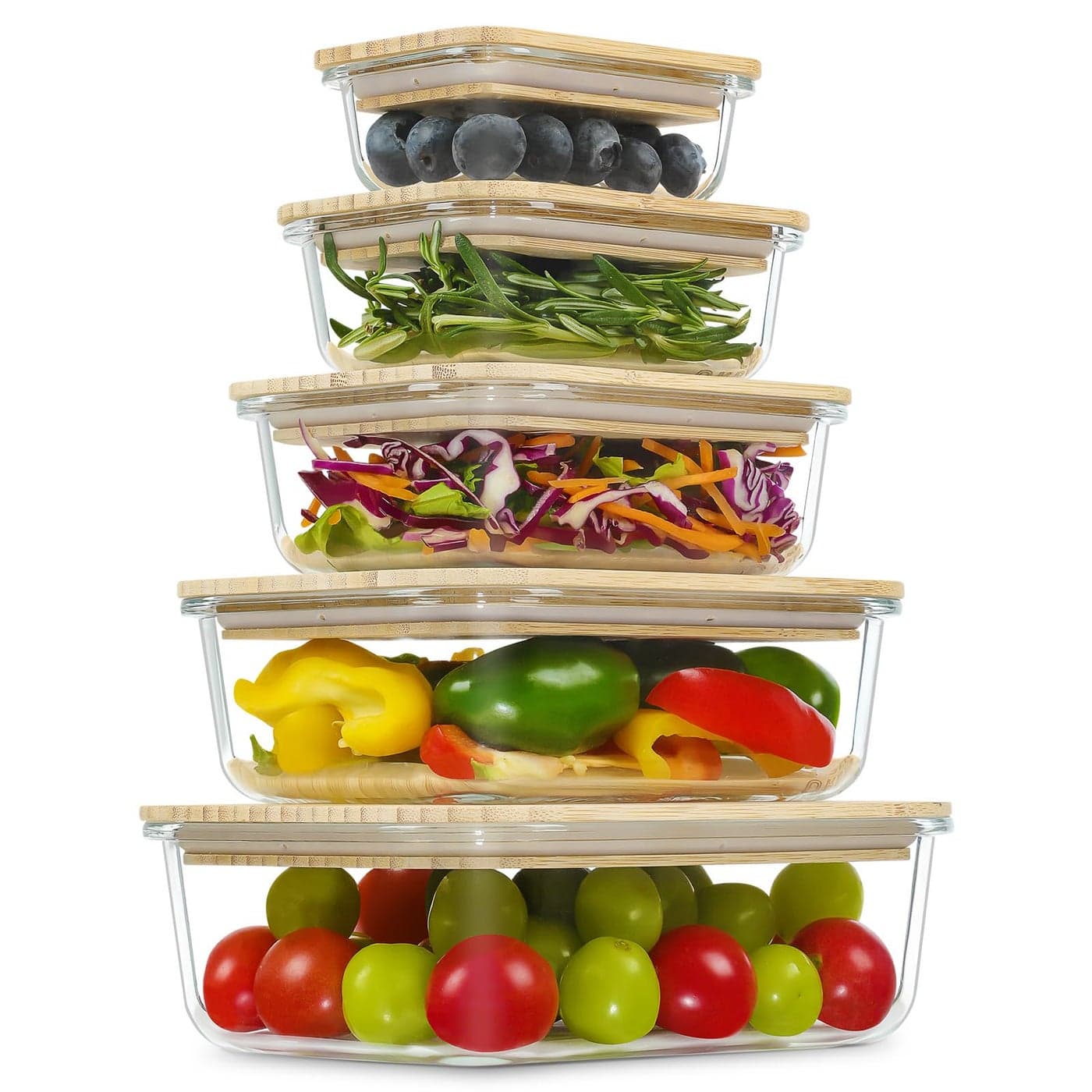 Urban Green Glass Containers with Bamboo Lids Meal Prep Glass Food storage Container Set 5 Pack Pantry Kitchen Organizer Microwave Oven Freezer Safe