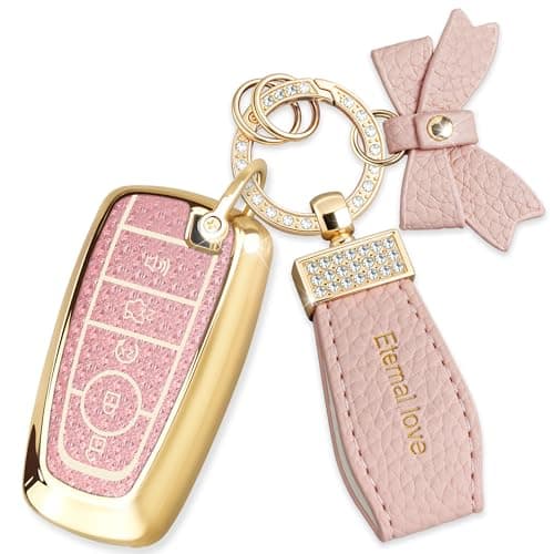 Simocky Key Fob Cover with Diamond Keychain, Compatible with Ford Explorer Fusion Edge Expedition F150 F250 F350 F450 F550 Maverick Mustang Car Key Shell(5 Buttons-Pink Bowknot)