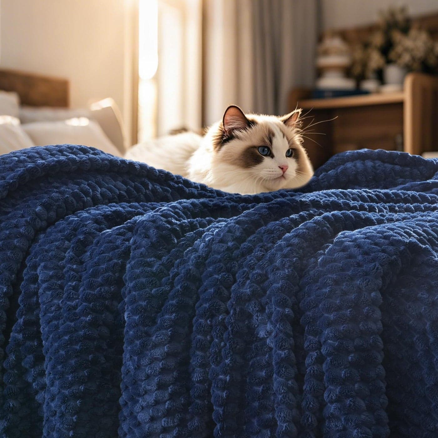 PHF Ultra Soft Flannel Fleece Blanket King Size Lightweight 3D Jacquard Fleece Blanket No Shedding No Pilling Luxury 340GSM Aesthetic Fluffy Cozy for Bed Room Decor 108x90 Navy Blue