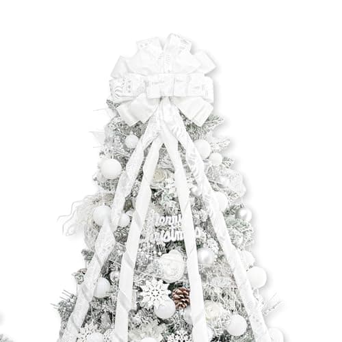Hismir Christmas Tree Topper Bow53x13 Inches Large Christmas Bow with Glitter Streamer and Patterned RibbonDecorative Bows for Xmas Tree Wreath Door Festival Home DecorWhite