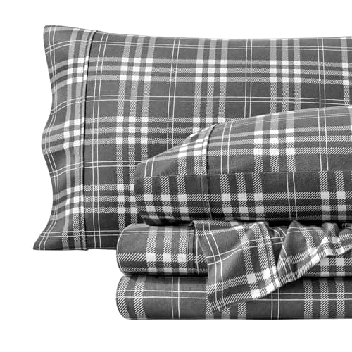 Bare Home Flannel Sheet Set Prints, 100% Cotton, Velvety Soft Heavyweight - Double Brushed Flannel for Extra Softness & Comfort - Deep Pocket - Bed Sheets (King, Stirling Plaid - Grey/White)