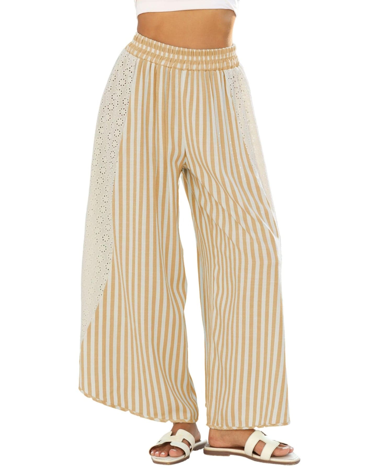 Athlisan Womens Summer Casual Loose Striped Wide Leg Lounge Pants Elastic Waist Palazzo Trousers(Yellow-XL)