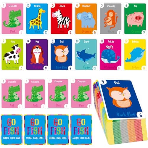 Animal Go Fish Card Game 48 Animal Themed Cards with Word Color NumberLetters Fun Memory Matching Game for Kids Learning Party Game Family Gathering Game Night Classroom Activities