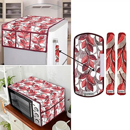 E-Retailer® Exclusive 3-Layered Polyester Combo Set of Appliances Cover (1 Pc. of Fridge Top Cover, 3 Pc Handle Cover and 1 Pc. of Microwave Oven Top Cover) (Color-Pink, Design-Leaf, Set Contains-5 Pcs.)