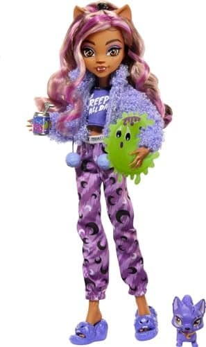 Monster High Creepover Party Doll Clawdeen Wolf with Pet Dog Crescent Sleepover Clothes Accessories like Eye Mask Pizza