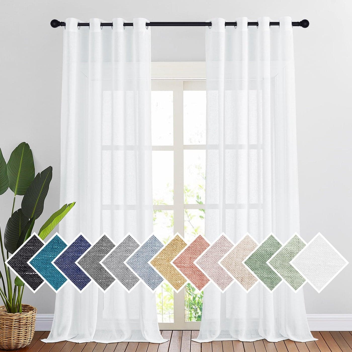 PONY DANCE Net Curtains White Linen Effect Window Curtains Light Effect Filter with Eyelets Semi Sheer for Home Bedroom Living Room L 140 x H 245 cm 2 Panels