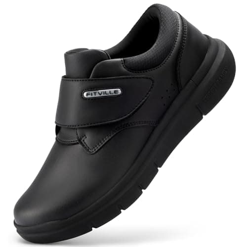 FitVille Diabetic Shoes for Men Extra Wide Comfortable Leather Walking Shoes Hook & Loop Orthopedic Dress Sneakers for Edema and Swollen Feet (13 Wide) Black