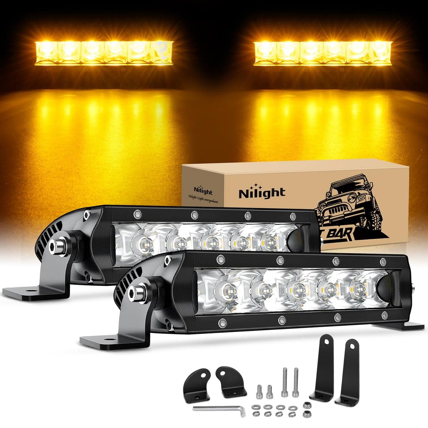 Nilight LED Light Bar Amber 2Pcs 7 Inch 30W Spot 3000LM Super Slim 3D Driving Fog Off Road Work Lights Pods for Trucks Pickup SUV ATV UTV Boat 4x4 Van Camper 2 Style Mounting