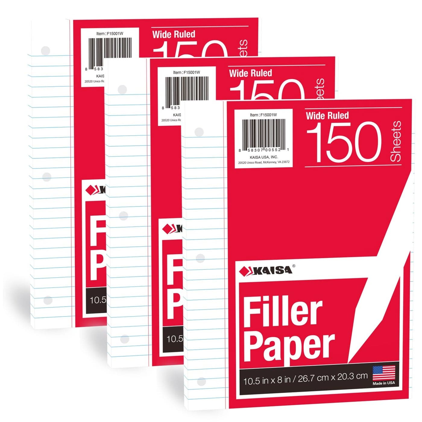 KAISA Filler Paper Loose Leaf Paper Wide Ruled Paper 8x1012 3Hole Punched Binder Paper For 3Ring Binders150 Sheetspack 3Pack F15001W