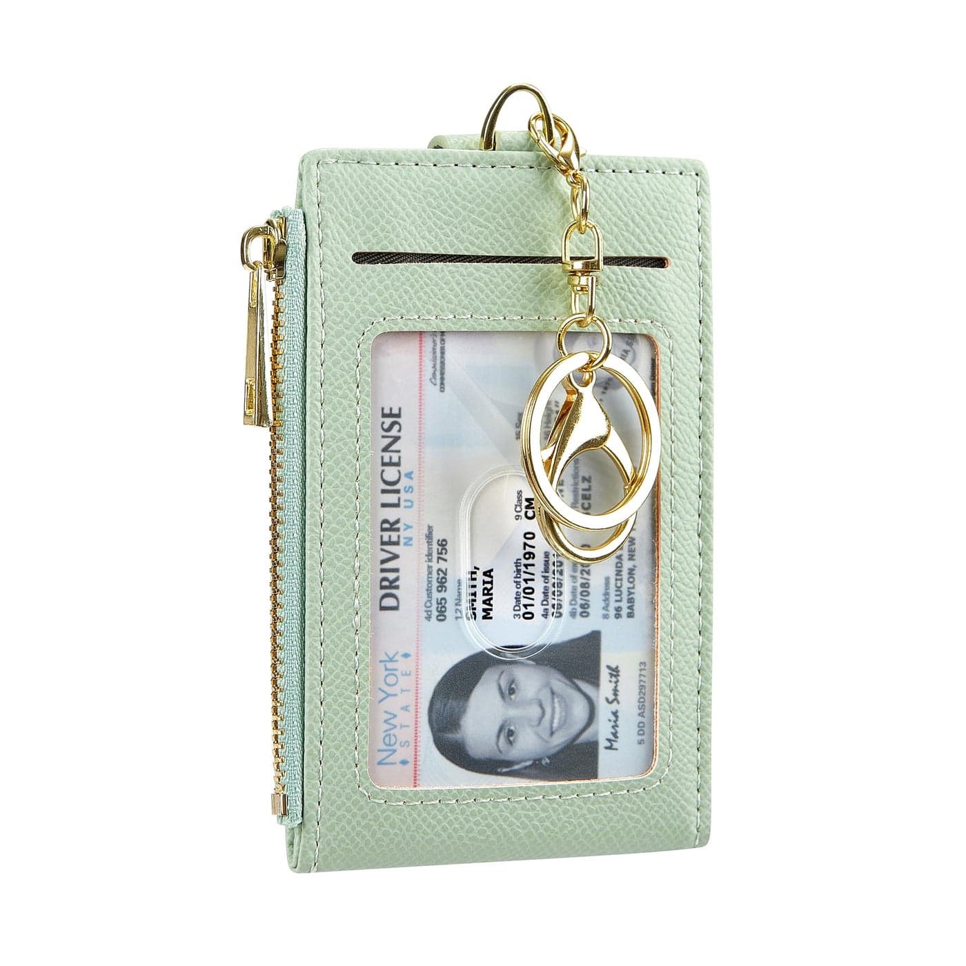 Cynure Women & Men Leather RFID Blocking Card Holder Slim Small Zipper Keychain Front Pocket Wallet with 2 ID Window, light green