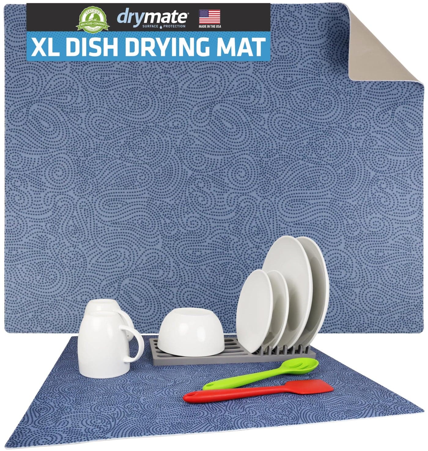 Drymate XL Dish Drying Mat Oversized 19x24 LowProfile Super Absorbent Quick Dry Fabric Waterproof SlipResistant for Kitchen Counter Trimmable Easy to Clean USA MadeBlue