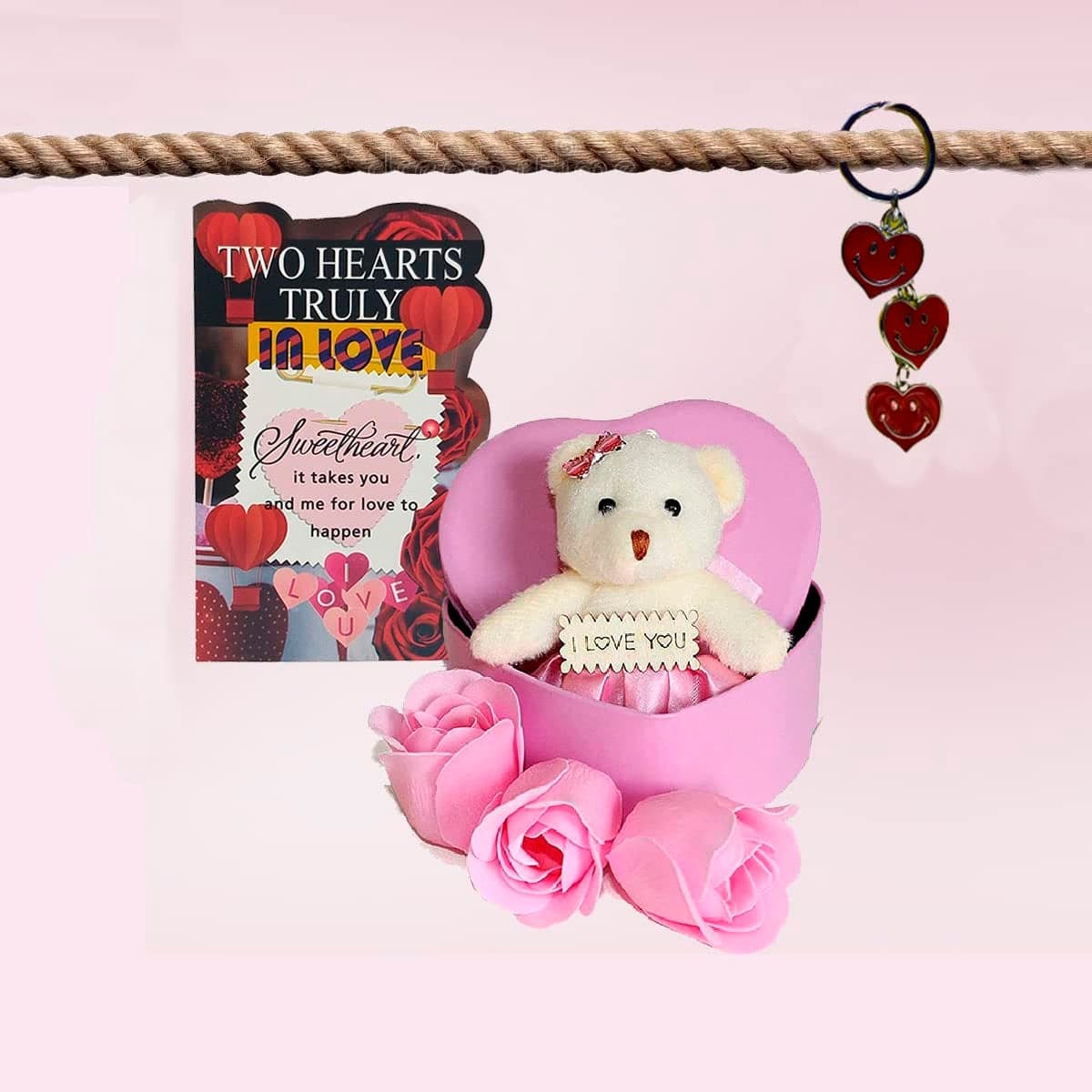 Natali Traders Valentine Day Love Gift for Girlfriend Boyfriend Heart Shape Box with 3 Scented Rose with Soft Toy Love Greeting Card Couple Key Chain Anniversary Birthday Gift