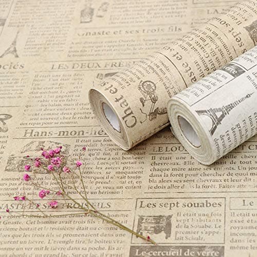TANONE Beige Newspaper Wallpaper 17.7" x 78.7"Self Adhesive Vintage Black Locker Contact Paper Peel and Stick Wallpaper for Countertops Cabinets Decorative Furniture